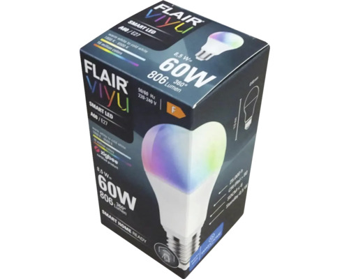 Förpackning för en Flair Viyu A60 E27 smart LED-lampa med 8,5 watt effekt, 60 watt motsvarande och 806 lumen ljusstyrka