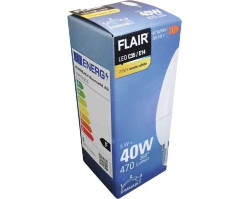 Förpackning för dimbar Flair LED-lampa C35/E14, 40 watt, 470 lumen