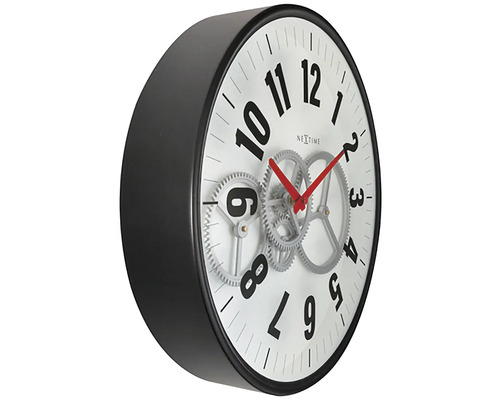 Väggklocka med synlig urverksmekanism och svart ram