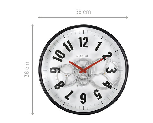 Väggklocka med en diameter på 36 cm och synlig urverksmekanism
