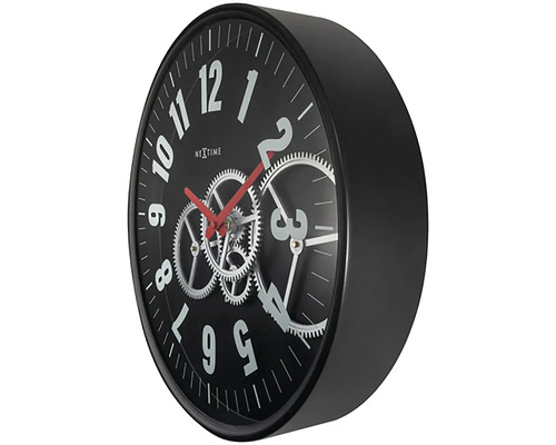 Svart väggklocka med kugghjulsdesign