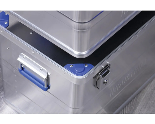 Staplingsbar aluminiumlåda med hörnförstärkning och bärhandtag