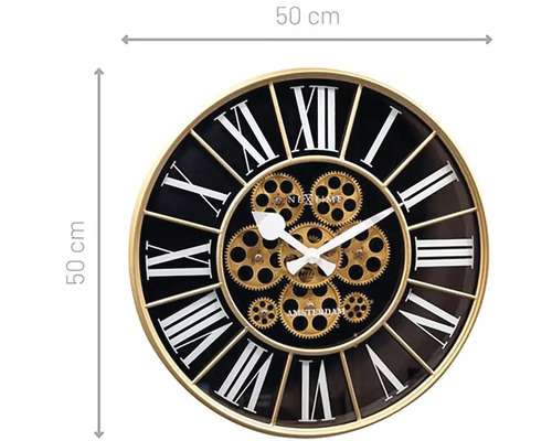 Väggklocka med romerska siffror och kugghjul, diameter 50 centimeter
