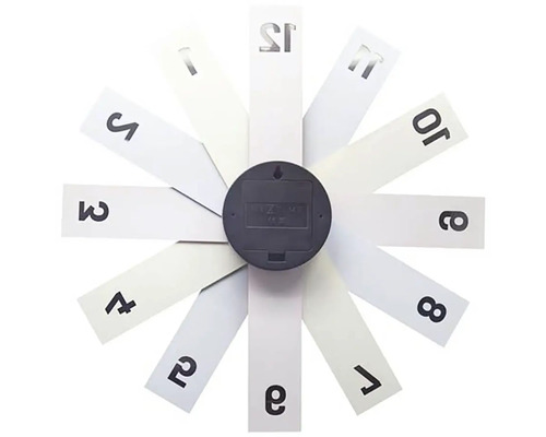 Baksidan av en väggklocka med modern design och avlånga, vita element med svarta siffror