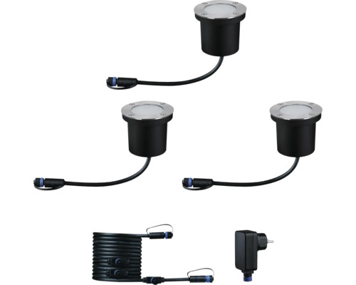 Set med tre markspotlights, strömkabel och nätadapter för utomhusbruk
