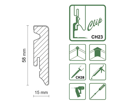 Teknisk ritning av en profil med måtten 58 mm hög och 15 mm bred, samt monteringssymboler