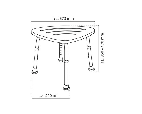 Ritning av en trekantig duschpall med justerbara ben och måttangivelser.