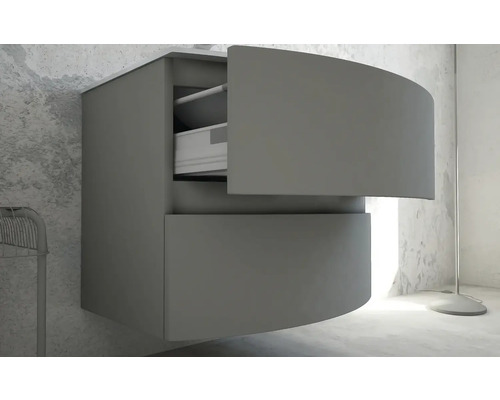 Grått tvättställsskåp för badrum med två lådor, den övre lådan är öppen