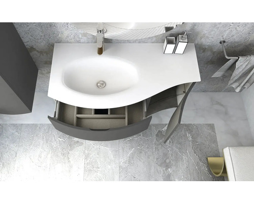 Badrumstvättställ med öppen låda och grått underskåp