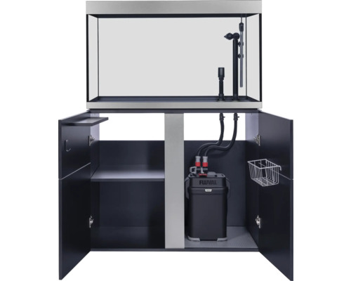 Akvarium med underskåp och öppna dörrar