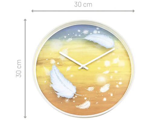 Rund väggklocka, 30 cm diameter, med fjädermotiv