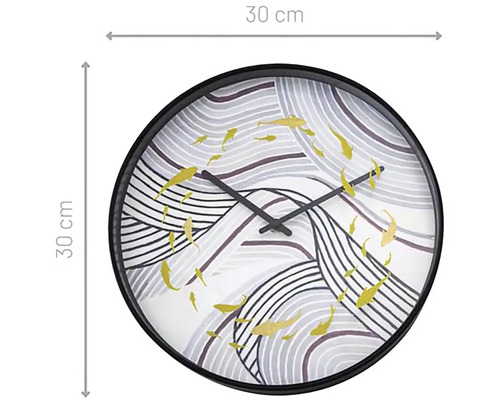 Rund väggklocka, 30 centimeter i diameter, med fiskmönster