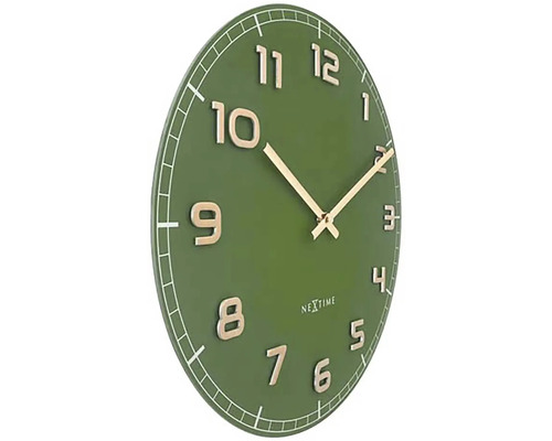 Nextime väggklocka, rund grön klocka med gyllene visare och siffror