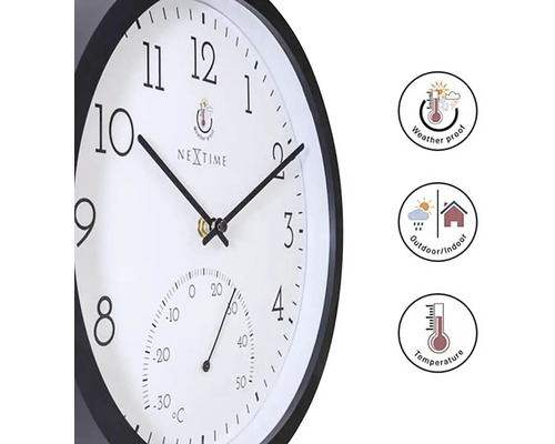 Väggklocka med termometer för inom- och utomhusbruk samt symboler för väderbeständighet och temperaturvisning