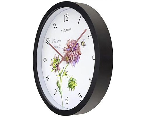 Nextime väggklocka med blommönster och svart ram