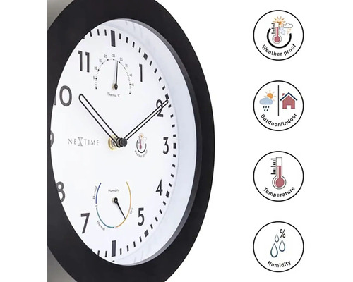 Väggklocka med termometer- och hygrometerdisplay