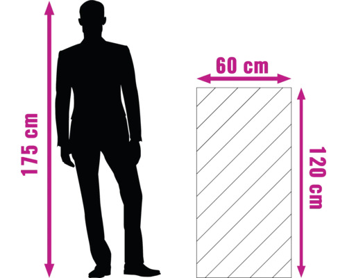 Storleksangivelser: Man med en längd på 175 centimeter, skiva på 60 x 120 centimeter