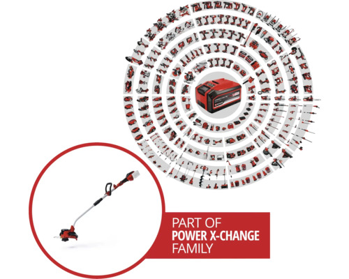 Del av Power X-Change-familjen med batteri och grästrimmer