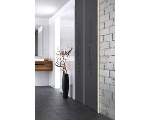 Modernt badrum med Swissspor Board, tvättställ och grått golvkakel