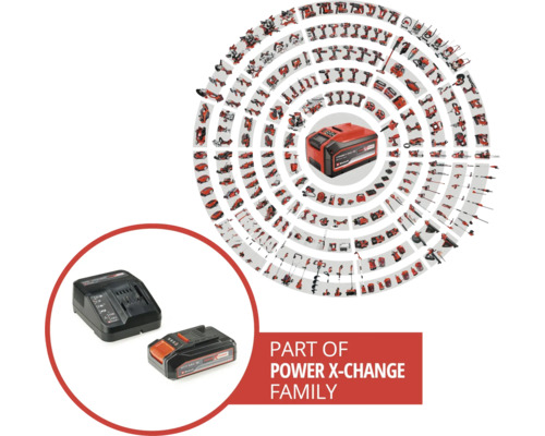 Einhell Power X-Change batteri och laddare i set med verktygsöversikt