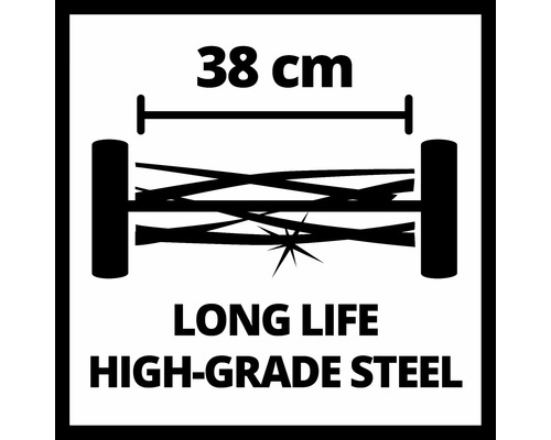 Symbol för gräsklippare med 38 cm klippbredd av högkvalitativt stål för lång livslängd.