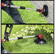 Tvådelad bild av en person som klipper gräs och gräskanter med en grästrimmer.