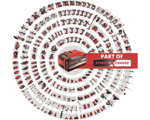Einhell Power X-Change batteri omgiven av en mängd olika verktyg
