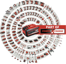 Ett Einhell Power X-Change batteri omgivet av ett urval av Einhell-verktyg.