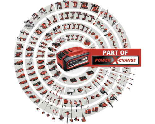 Ett Einhell Power X-Change batteri omgivet av ett urval av Einhell-verktyg.