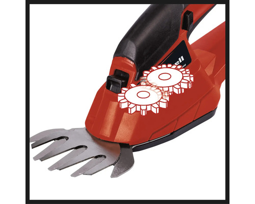 Närbild av en batteridriven grässax med motroterande knivar.