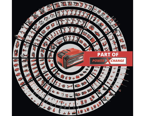 Ett Einhell-batteri i en ring av Einhell-verktyg, en del av Power X-Change-systemet
