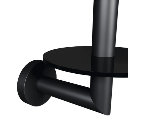 Svart toalettpappershållare med hylla för väggmontering