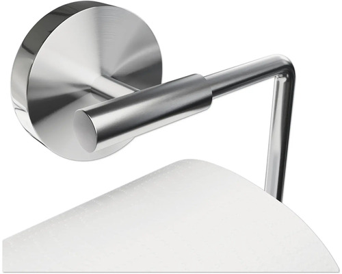 Toalettpappershållare i metall för väggmontering med toalettpappersrulle.