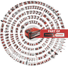 Ett Einhell Power X Change batteri omgivet av många enheter som är kompatibla med batteriet