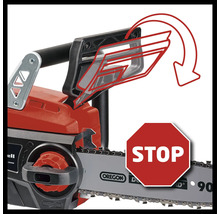 Einhell motorsåg med STOPP-skylt och säkerhetsinstruktioner för hantering