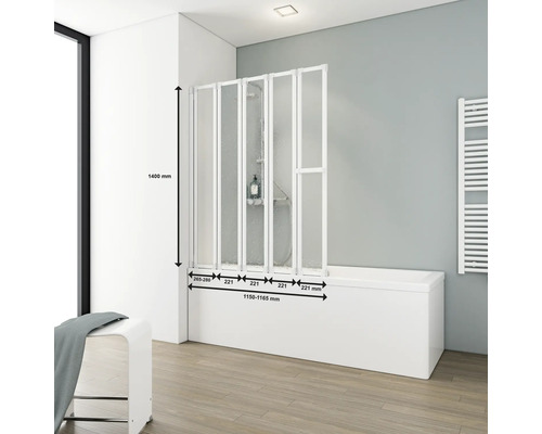 Badkarsskärm med mått visade på ett badkar