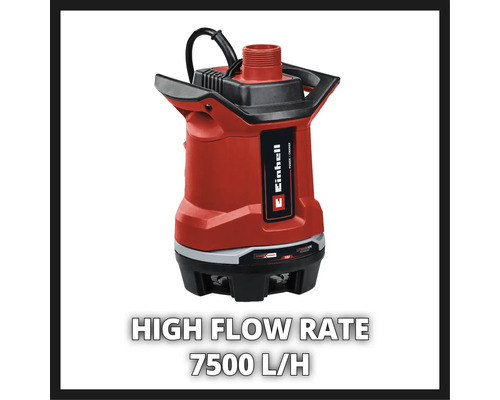 Einhell logotyp. Dränkbar pump med en kapacitet på 7500 liter per timme.