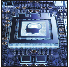 Närbild av ett datorkort med en stiliserad bild av ett mänskligt huvud som symboliserar artificiell intelligens.