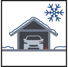 Symbol för en bil med laddstation i ett garage på vintern