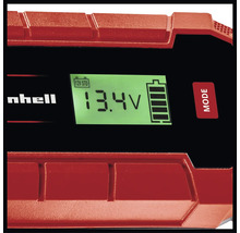 Einhell logotyp. Detaljvy batteriladdare med digital display.