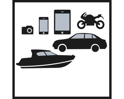 Symbolisk representation av kamera, mobiltelefon, surfplatta, motorcykel, bil och båt
