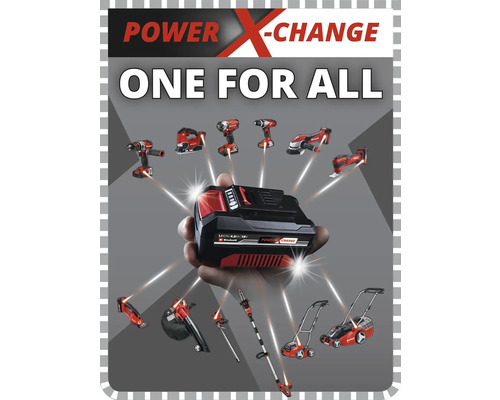 Ett Power X-Change-batteri med olika verktyg och trädgårdsutrustning.