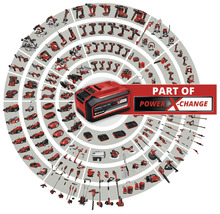 Einhell Power X-Change batteri omgiven av ett urval verktyg