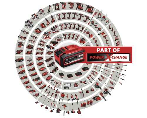 Einhell Power X-Change batteri omgiven av ett urval verktyg