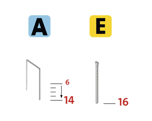 Bild av klammer typ A och spik typ E med mått