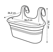 Illustration av en balkonglåda med måttangivelser