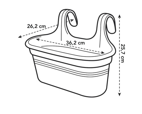 Illustration av en balkonglåda med måttangivelser