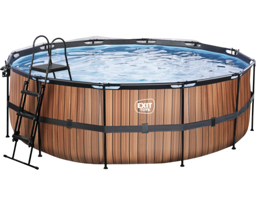 Pool EXIT WoodPool Ø427x122cm inkl. sandfilterpump, överdrag, värmepump & stege träutseende