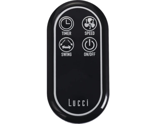 Svart Lucci fjärrkontroll med knappar för timer, hastighet, svängning och på/av.