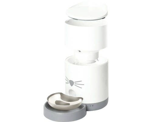 Automatisk foderautomat för katter med kattmotiv och matskål.